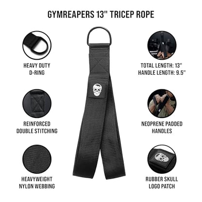 Gymreapers Tricep Rope Cable Attachment - Multi-Workout Tricep Pull Down Cable Attachment - Perfect Gym Cable attachments (3 Lengths Built in One) - color: Black, size: Tricep Strap - 13"