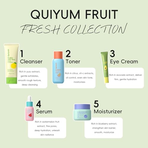 QUIYUM Fruit Skin Care Set, 5 Daily Skincare Routine for Women Teen Girl | Gentle Clean, Smooth, Glow, Moisturize, Facial Skincare Gift Set, for Birthday, Stocking Stuffers - size: 5 Count (Pack of 1)