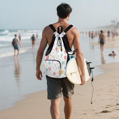 Mens Drawstring Bags Climbing Gym Bag With Water Bottle Holder Cinch Bags Wet and Dry Separation Cartoon Cute Colorful Balloons