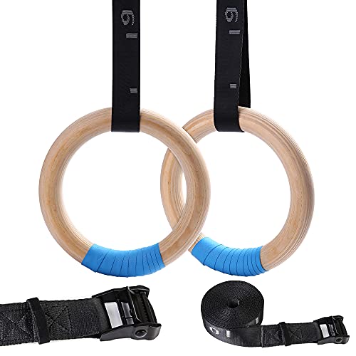 Wood Gymnastic Rings with Adjustable Number Suspension Trainer Straps with Cam Buckle 15ft Olympic Rings 32/28mm Heavy Duty 1543/992lbs for Pull Up Bar Workout Exercise Gym Hanging Rings Indoor - color: 32mm ring + straps