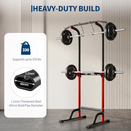 Power Tower Home Gym Strength Training Station Adjustable 10 Height Levels, Heavy-Duty Chin-Up Tower with Parallel Dip Handles, Bodyweight Workout Equipment for Pull-Ups, Dips, Knee Raises, Push-Ups, 330 Lb Capacity - color: Red