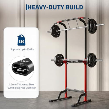 Power Tower Home Gym Strength Training Station Adjustable 10 Height Levels, Heavy-Duty Chin-Up Tower with Parallel Dip Handles, Bodyweight Workout Equipment for Pull-Ups, Dips, Knee Raises, Push-Ups, 330 Lb Capacity - color: Red