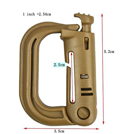 Jadedragon Multipurpose Tactical 360 Rotation D-Ring Clips/Locking Carabiner/Hydration Tube Clips/Elastic String Strap Management Tool for MOLLE Webbing Attachment Backpacks - color: LC-Brown