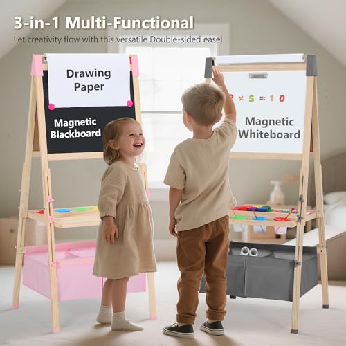 Kinder King Adjustable Wooden Kids Art Easel, Paper Roller, Storage (Grey) | Double-Sided Magnetic Whiteboard & Chalkboard, Art Supplies, Indoor & Outdoor, Painting & Drawing, 3 Years+, Gift - color: Grey