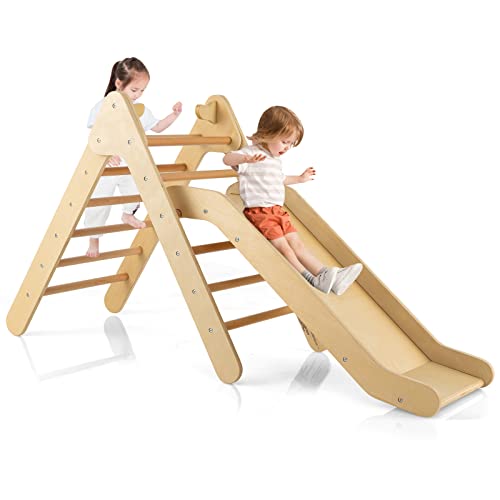 HONEY JOY Triangle Climber with Ramp, Kids Climbing Triangle Ladder for Daycare, Gym & Playground, Wooden Montessori Climbing Toys for Toddlers, Gift for Boys Girls - color: Natural, size: 2-In-1 with Slide