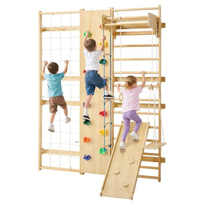 VEVOR Swedish Ladder Wall Gym, 9-in-1 12-Level Solid Wood Gymnastic Stall Bars for Kids Adults, 220LBS Indoor Jungle Gym with Rock Climbing Wall, Gym Rings, Pull-Up Bar, Climbing Board, Slide, Swing - style: 12-Level 9-in-1