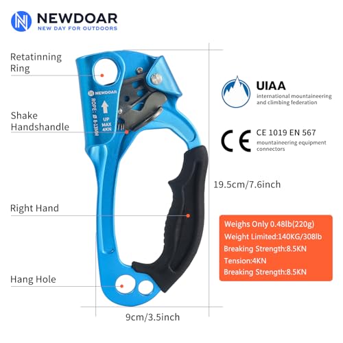 NewDoar UIAA & CE Certified Hand Ascender Rock Climbing Tree Arborist Rappelling Gear Equipment Rope Clamp for 8~13MM Rope - color: Blue Pro-Right