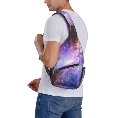 Galaxy Crossbody Sling Bags for Women Men Blue Purple Galaxy and Nebula Dark Space Stars Travel Sling Backpack Casual Chest Shoulder Bag Universe Scenery Theme Gym Sports Hiking Daypack - color: Purple Pink