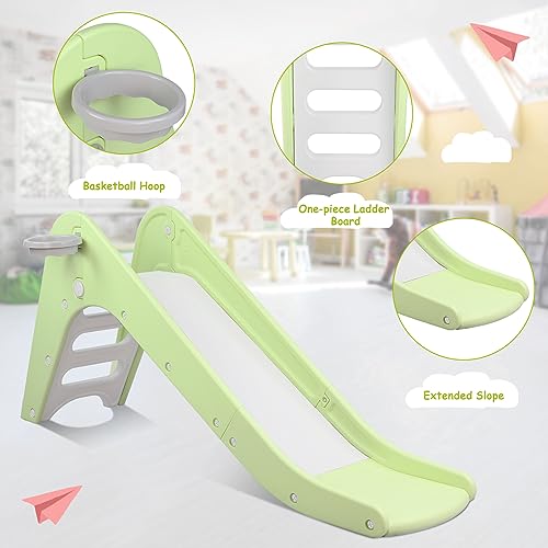 Toddler Indoor Slide, Foldable Baby Climber Playset with Basketball & Hoop | 63 in Extra Long Slope, Non-Slip Steps, Sturdy Plastic, Outdoor Playground for Backyard, Home & Playroom Use, Light Green - color: Light Green