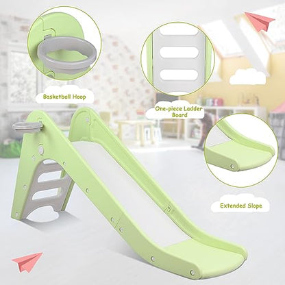 Toddler Indoor Slide, Foldable Baby Climber Playset with Basketball & Hoop | 63 in Extra Long Slope, Non-Slip Steps, Sturdy Plastic, Outdoor Playground for Backyard, Home & Playroom Use, Light Green - color: Light Green