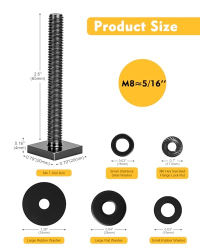 T Slot Bolts for Roof Rack Cross Bars, Platform, Cargo Basket, Stainless Square T Track Bolt Adapter to Secure Bike/Ski/Kayak Rack, Solar Panel, Awning, 4mm Thick - color: M6x65mm, 8pk