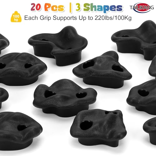 Rock Climbing Holds, 20 Pack Black Wall Climbing Rocks Adult Outdoor Indoor | 3-Shapes Large Wall Climbing Holds Grips, Workout Climb Training Pegs Accessories for Climbing Frames, Tree Houses, Playroom