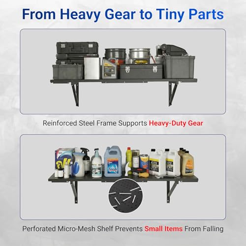 FLEXIMOUNTS 2-Pack 1x3ft Garage Shelving 14-inch-by-34-inch Perforated Wall Shelf, Heavy Duty Garage Storage Rack with 700 lbs Load Capacity, Wall Mounted Organization System for Tools, Heavy Bins - size: 14" x 34"