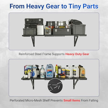 FLEXIMOUNTS 2-Pack 1x3ft Garage Shelving 14-inch-by-34-inch Perforated Wall Shelf, Heavy Duty Garage Storage Rack with 700 lbs Load Capacity, Wall Mounted Organization System for Tools, Heavy Bins - size: 14" x 34"