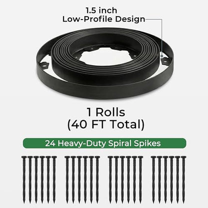 Gardzen 1.5" x40' Landscape Edging Kit with 40 Spikes | Garden Edging Coil for Lawn Borders and Landscape Projects, Easy No Dig Installation with Durable Ground Stakes Included - size: 40ft