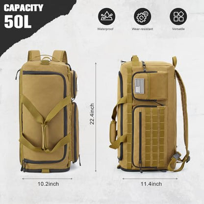 G4Free 3-in-1 Travel Duffle Bag for Men and Women, 50L Large Gym Sports Bags Tactical Military Duffle Backpack with Shoes Compartment and Wet Pocket (Khaki) - color: Khaki