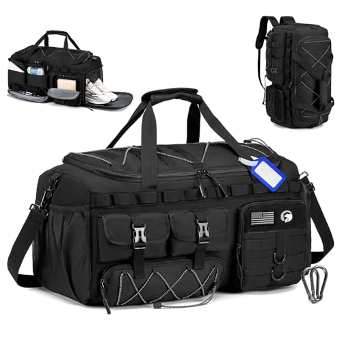 Gym Bags for Men with Shoe Compartment 60L Tactical Duffle Bag 3 in 1 Carry on Duffel Bag Travel Backpack Weekender Overnight Range Bag for Workout Football, Black - color: Black, size: 60L