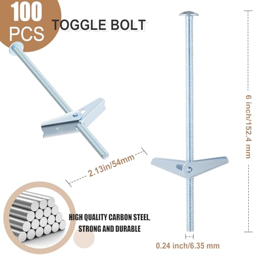 Yaocom 100 Pcs 1/4" X 6" Toggle Bolts Butterfly Screws Anchors Heavy Duty Wall Anchors for Drywall with Wing Nuts for Hanging Heavy Objects on Drywall - size: 1/4" X 6"