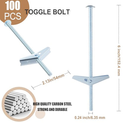 Yaocom 100 Pcs 1/4" X 6" Toggle Bolts Butterfly Screws Anchors Heavy Duty Wall Anchors for Drywall with Wing Nuts for Hanging Heavy Objects on Drywall - size: 1/4" X 6"