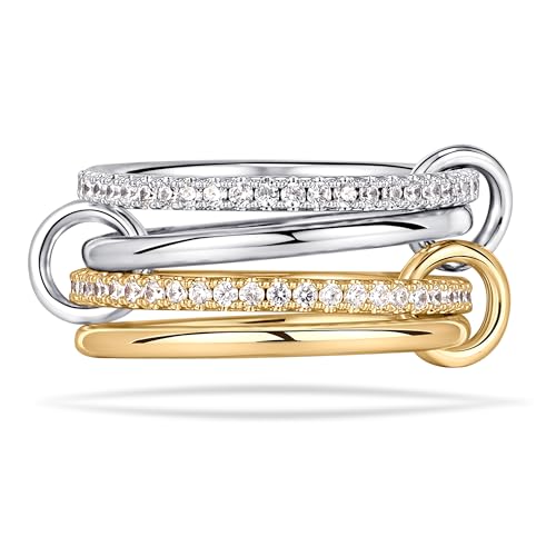 NOKMIT 14K Gold Plated 4 Interlocking Stackable Rings Set with CZ Cubic Zirconia Gold & Silver Mixed Metals Multi-Link Connected Statement Bands for Women Hypoallergenic Non Tarnish Jewelry Gifts - style: CZ Interlocking Rings