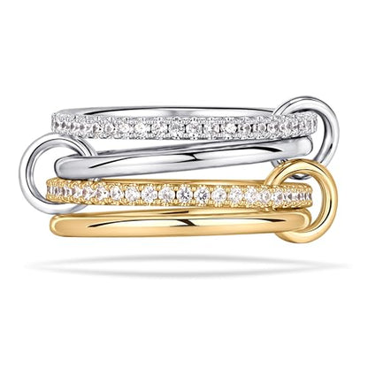 NOKMIT 14K Gold Plated 4 Interlocking Stackable Rings Set with CZ Cubic Zirconia Gold & Silver Mixed Metals Multi-Link Connected Statement Bands for Women Hypoallergenic Non Tarnish Jewelry Gifts - style: CZ Interlocking Rings