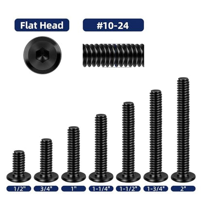#10-24 x 1-1/4" Flat Head Socket Head Screw Furniture Bolts Countersunk Connector Screws, Stainless Steel 18-8 (304), Black Oxide, Fully Threaded, 25 PCS - size: #10-24 x 1-1/4"