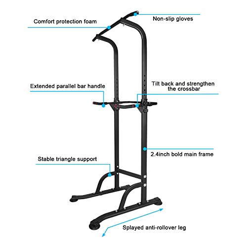 Adjustable Power Tower Pull Up Bar Dip Station, Free Standing Pull Up Rack Dip Station for Home Gym, 400LBS Capacity Height Heavy Duty Multi-Function Home Strength Training Fitness Workout Equipment - color: Black