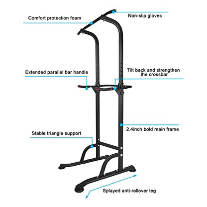 Adjustable Power Tower Pull Up Bar Dip Station, Free Standing Pull Up Rack Dip Station for Home Gym, 400LBS Capacity Height Heavy Duty Multi-Function Home Strength Training Fitness Workout Equipment - color: Black
