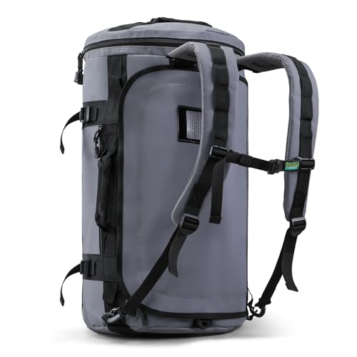 Haimont Heavy Duty Convertible Travel Duffel Backpack, Grey, 60L | Shoe Compartment, Water-Resistant Tarpaulin, Wide U-Shaped Opening - color: Grey, size: 45L