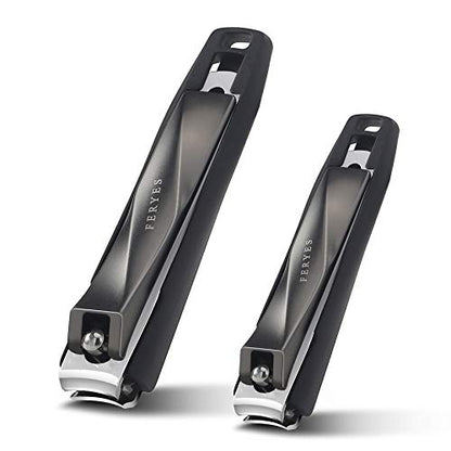 FERYES Nail Clippers with Catcher 2 PCS Set, No Splash Fingernail Clipper and Toenail Clipper, Stainless Steel Nail Cutters - W/Black Metal Case Packing - color: Black 2pcs