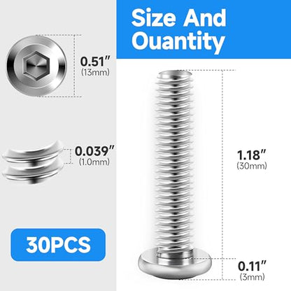 30Pcs M6 Bolt M6 x 30mm Flat Head Socket Cap Screw Bolts, M6 Screws Metric Bolt Kit, Stainless Steel Bolts 304, Bright Finish M6x1.0 by Marysino - color: Silver, size: M6 x 30mm