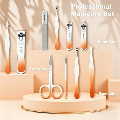 Manicure Set, 10 pcs High-Carbon Steel Nail Clippers Set, Portable Mini Manicure and Pedicure Kit, Travel Grooming Nail Kit with Leather Bag for Men and Women - color: Orange