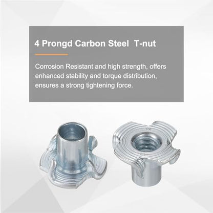 HARFINGTON 1/4x6mm T-Nuts 4 Pronged Tee Nut 0.69" x 0.24" Half Thread Carbon Steel Inserts for Wood, Rock Climbing Holds, Cabinetry, Furniture 50pcs - size: 1/4" x 0.24" x 0.69" x 0.24"