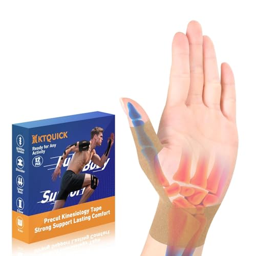 KTQUICK Precut Kinesiology Tape for Thumb Left, 12PCS Waterproof & Hypoallergenic Latex-Free Athletic Tape for Thumb Support, Wrist & Thumb Brace, Elastic Breathable Long-Lasting Thumb Tape (Beige) - color: Beige, size: LEFT