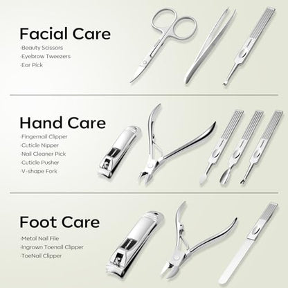 FAMILIFE Manicure Set, Professional Manicure Kit Nail Clippers Set 11 in 1 Stainless Steel Nail Pedicure Tools Kit Grooming Tool with Portable Green Leather Travel Case Luxury Gifts for Women and Men - color: Dark Green