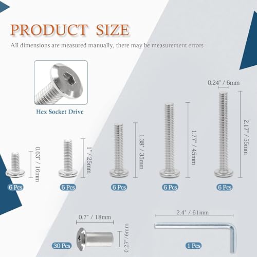 M6 Hex Drive Socket Cap Bolt Kit, Silver, 30 Sets | M6x16/25/35/45/55mm, Includes Allen Wrench, Countersunk Screw Barrel Nuts, For Furniture & Cabinet - color: Silver, size: M6x16/25/35/45/55mm