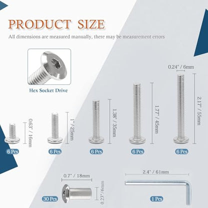 M6 Hex Drive Socket Cap Bolt Kit, Silver, 30 Sets | M6x16/25/35/45/55mm, Includes Allen Wrench, Countersunk Screw Barrel Nuts, For Furniture & Cabinet - color: Silver, size: M6x16/25/35/45/55mm