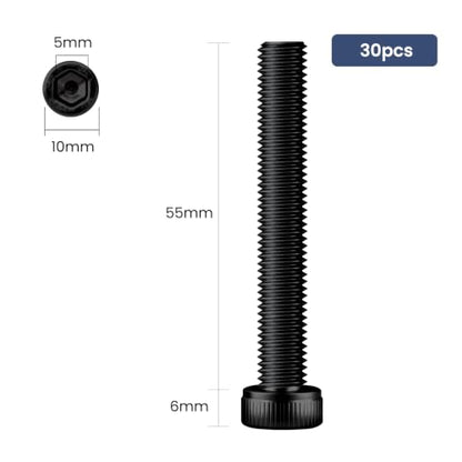 30pcs M6 x 55mm Hex Socket Head Cap Screws Bolts, 12.9 Grade Alloy Steel, Black Oxide Finish, Allen Socket Drive, Full Threads,with Hex Spanner - size: M6x55mm