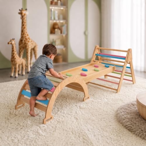 Avenlur Hazel 5-in-1 Pikler Triangle Set, Toddler Climbing Toys Indoor | Montessori Climbing Set & Indoor Playground: Triangle Ladder, Arch Climber, Rocker, Toddler Slide, Ramp (Colored) - color: Colored Triangle and Rocker