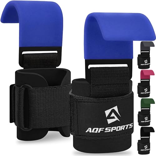 AQF Weight Lifting Hooks (Pair) - Neoprene Padded Wrist Strap for Deadlift - color: Blue