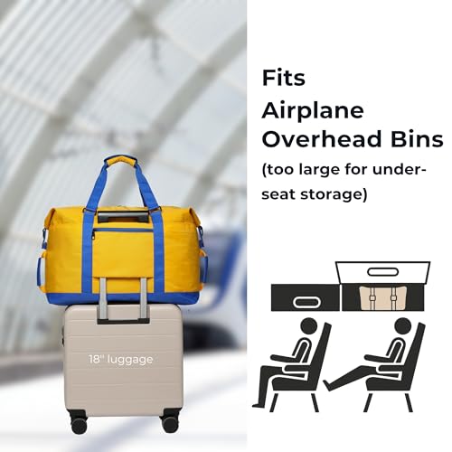 SUNNY BIRD Duffel with Utility Pouch, 40L Weekender Overnight Bag with Shoe Compartment for Travel and Sports (Yellow and blue) - color: Yellow and blue