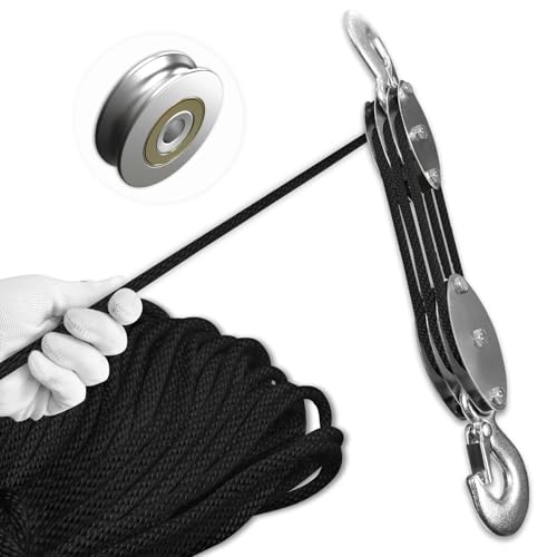 Block and Tackle Pulley System, Upgraded 3-Wheel Rope Pulley Hoist, 5:1 Lifting Power, 1100LB Work Load with 55Ft of 1/4" Rope, Ultra-Compact Rope Hoist for Garage, Hunting, and Heavy Lifting - color: Black, size: 3 Wheel - 55Ft