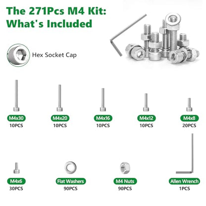 271 Pcs M4 Hex Socket Cap Screws Nuts Washers Wrench Kit, 304 SS | with Flat Washers & Wrench, Metric Fastener Set for Machinery, Brackets & Auto Repair, M4 x 6mm-30mm,Clear Label Storage Box - size: SS M4 271pcs 3