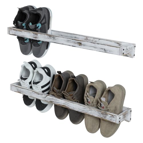 MyGift 30 Inch Shabby White Washed Solid Wood Wall Mounted Shoe Hanger Storage Rack, Hanging Shoes Organizer Shelf for Closet Mudroom Entryway, Set of 2 Holds 6 Pairs - color: Whitewashed-2, size: Set of 2