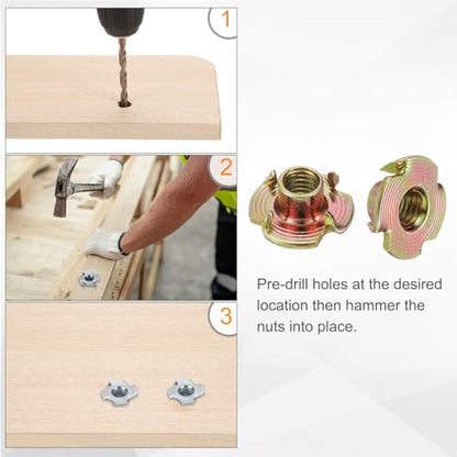 HARFINGTON M6x7.3mm T-Nuts 4 Pronged Tee Nut 0.69" x 0.29" Fully Thread Carbon Steel Inserts for Wood, Rock Climbing Holds, Cabinetry, Furniture 50pcs - size: M6x7.3mm