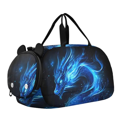 Kids Sports Duffel Bag for Boys & Girls - Blue Flame Dragon 100% Polyester Gym Bag with Separate Shoe Compartment, Adjustable Shoulder Strap, Compact Travel & Workout Gear Bag - color: Blue Flame Dragon