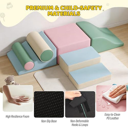 Soft Climbing Toys for Toddlers, 7-Piece Foam Climbing Blocks with PU Leather Cover, Modular Climb and Crawl Activity Play Set for Indoor Playroom (Pink)