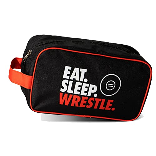 ChalkTalkSPORTS Wrestling Toiletry Bag - Eat Sleep Wrestle - Black Red | Polyester, Center Zipper, Side Handle, 11 x 6 x 5 Inches, Sports Camp Bag, Pencil Case, Dopp Kit, Wrestling Gift - color: Eat Sleep Wrestle