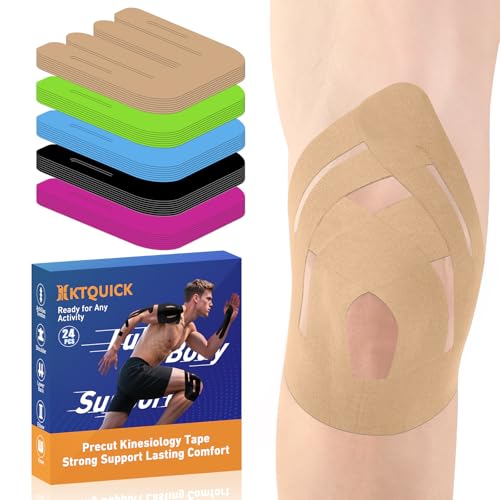 KTQUICK Precut Kinesiology Tape for Knees,24PCS,20% Stronger Adhesive Beige | Upgraded Designed Knee Tape with Premium Cotton, Breathable, Waterproof, Latex-Free Athletic Tape for Running, Gym & Hiking - color: Beige, size: 24PCS
