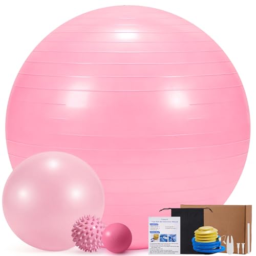 4Pcs Yoga Ball Set includes Large and 9in Pilates Balls, Massage & Spiky Ball for Fitness ,Anti-Burst Exercise Ball with Pumb for Pregnancy,Physical Therapy,Office Chair, Home Workout,3Sizes,3Colors - color: Pink, size: L(23-26inch/58-65cm)